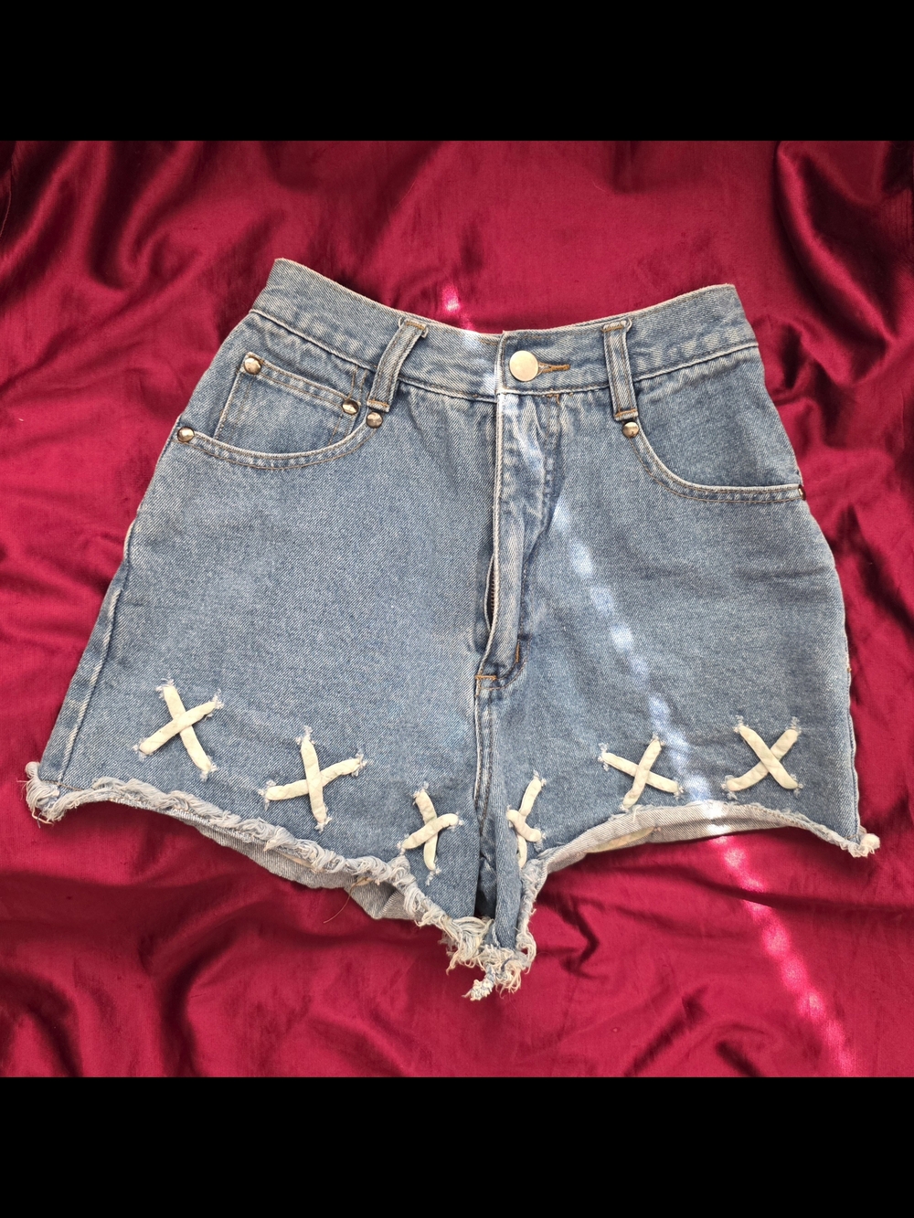 SheSaid Size 1 Womens Frayed Hem Blue Denim Jean Shorts with Cross Patch Detail